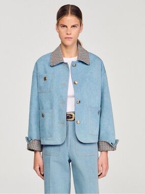 NWT Sandro Blue Double-Breasted Jacket with Contrast Check Collar